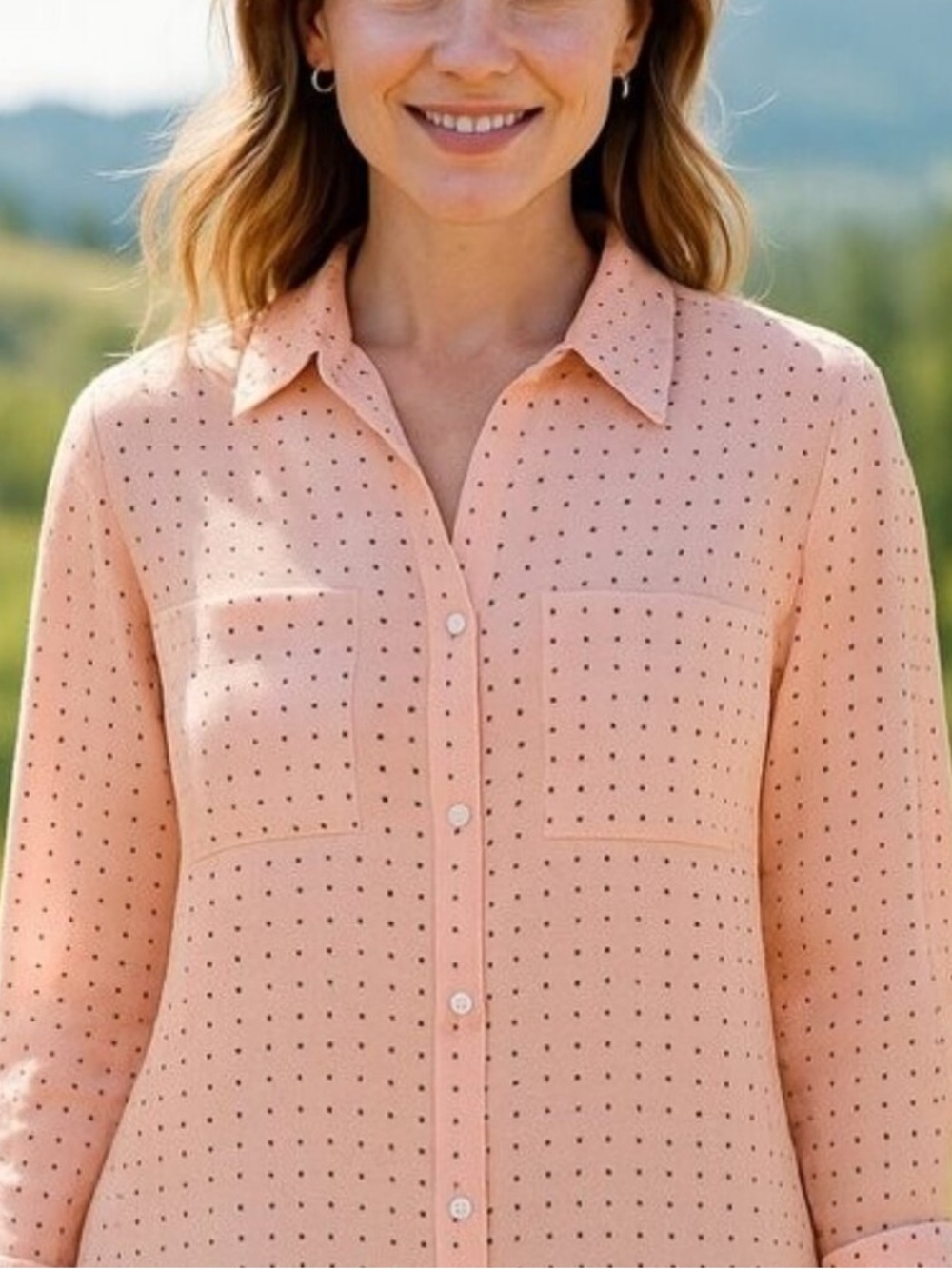 Chico's Polka Dot Button Down Tunic Blush Pink Black Dot Size 2 (12/14)